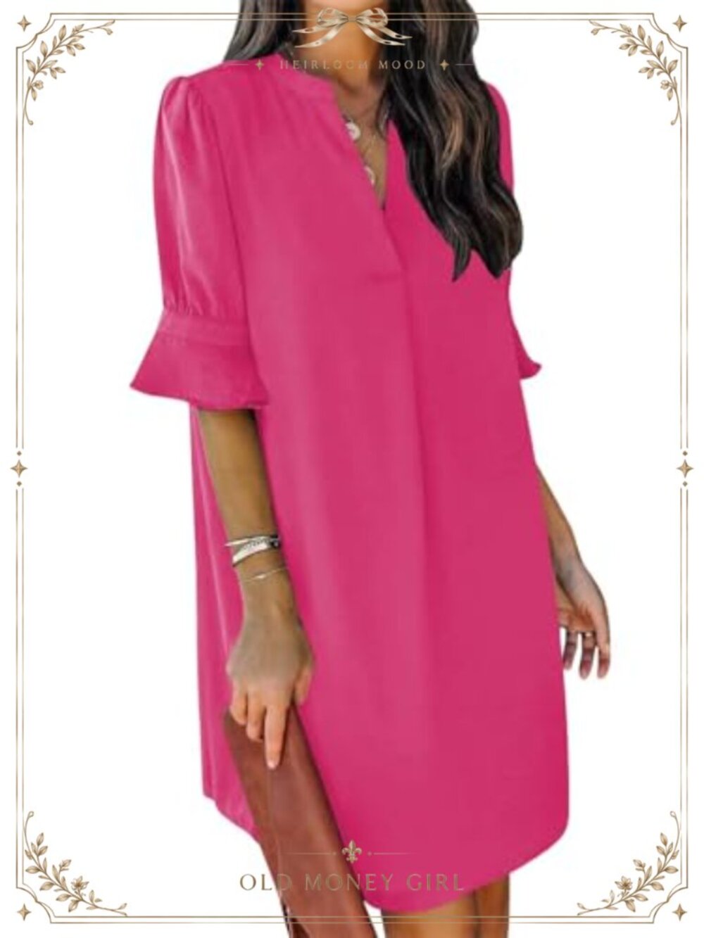 Women's V Neck Short Sleeve Casual Shift Dress Knee Length Ruffle